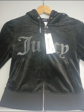 Juicy Couture Black Crystal-Studded Velour Zip Hoodie